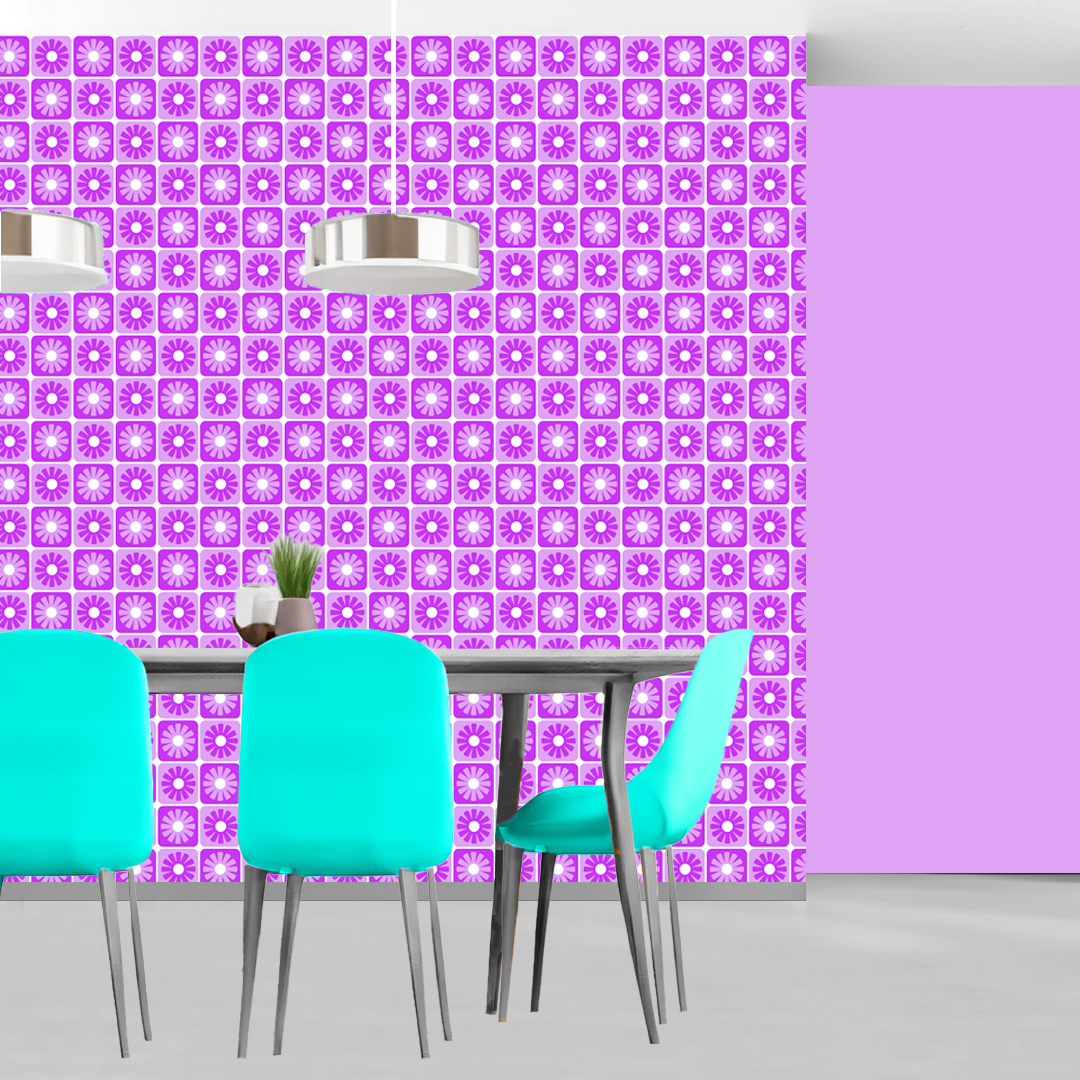 An abstract composition featuring irregular, rounded shapes in vibrant colors. The main colors include bright green, lime green, turquoise, and dark blue, all separated by white, jagged outlines. The shapes overlap and intersect dynamically, forming an energetic and playful pattern. The overall texture has a fabric-like appearance with subtle horizontal and vertical lines running through the colors.